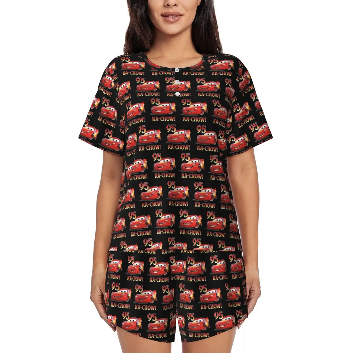

Womens Cartoon Cars Lightning Mcqueen Pajamas Set Custom Print Short Sleeve Sleepwear Loungewear Pjs 2 Piece Sets