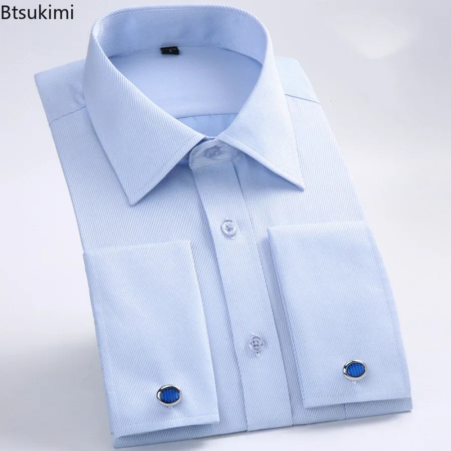 New 2025 Men's Formal Long Sleeve Dress Shirts Classic French Cuffs Striped Shirt Male Slim Fit Wedding Party Shirts Male M-6XL