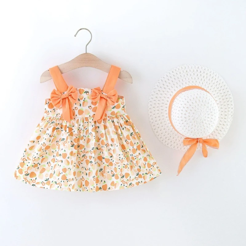 Girls' dress summer foreign trade children's wear new print small strawberry print bow halter floral cloth skirt cap baby dress