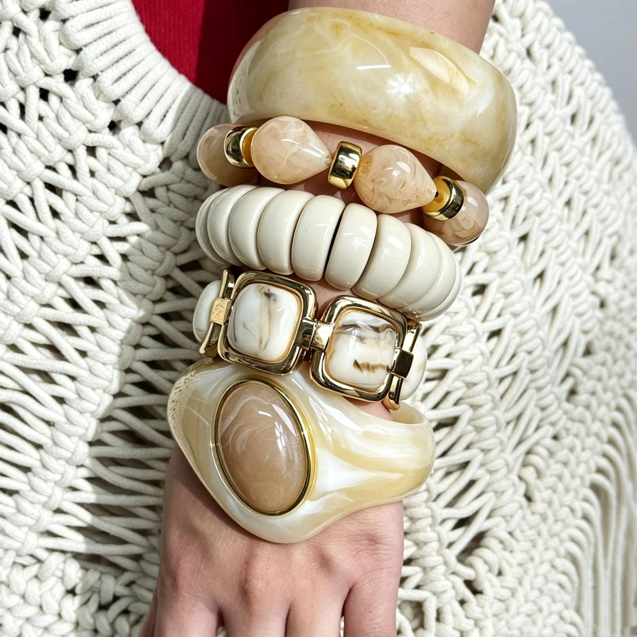 Vintage Beige Apricot Marble Patterned Wide Bangle Set Resin Bracelets Women's Jewelry for Fall Winter Everyday Wear gifts