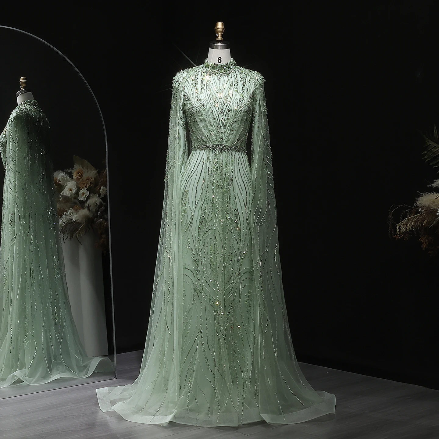 Sharon Said Luxuriöses Dubai Champagner Kristallperlen-Cape Muslimisches Abendkleid Arabisches Hochzeitskleid Ballkleid SS366 Maßanfertigung – Detail 7