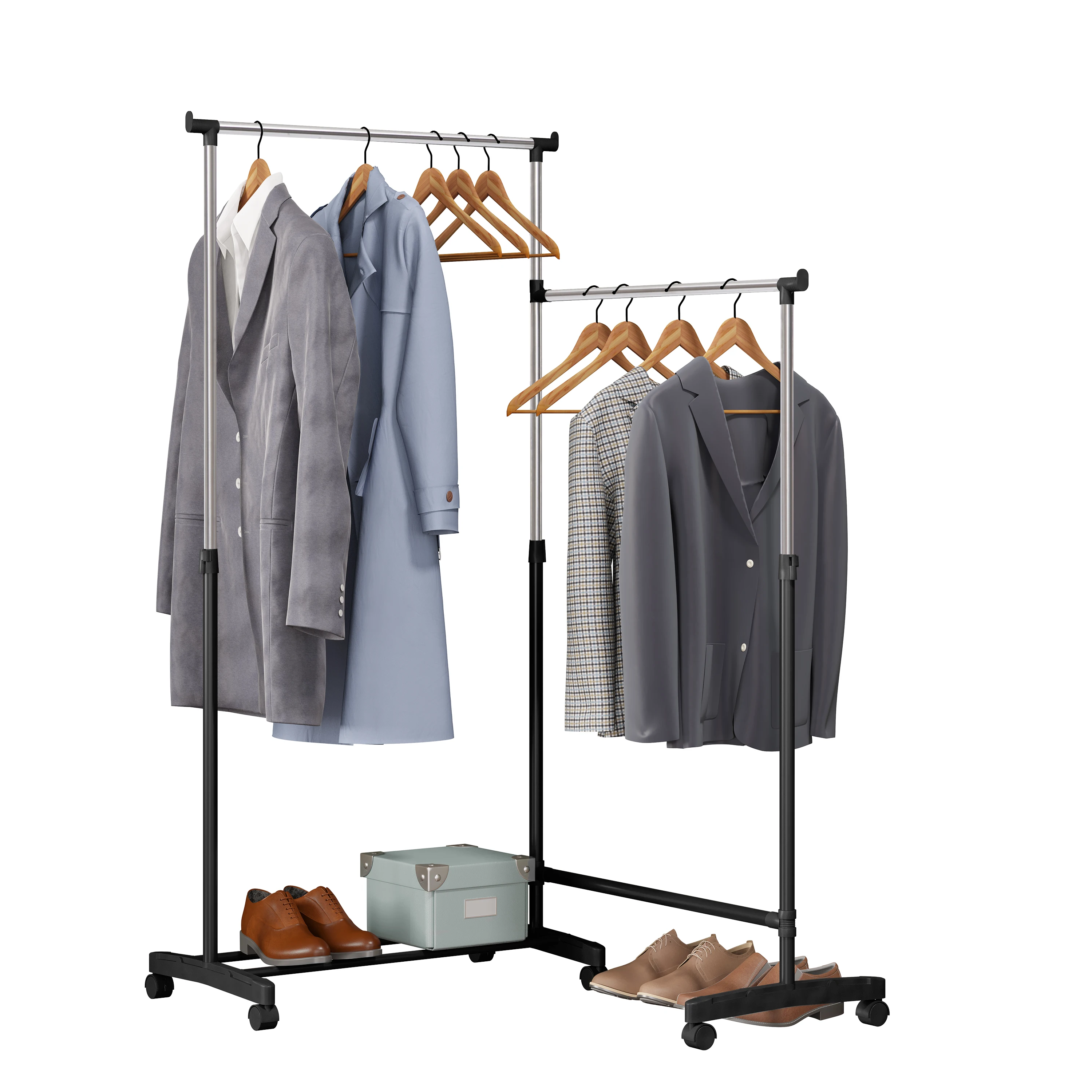 Coat Rack Height Adjustable L-Shaped Straight Shelf Clothes Rack with Wheels Shoe Rack 2 Clothes Rails for Living Room