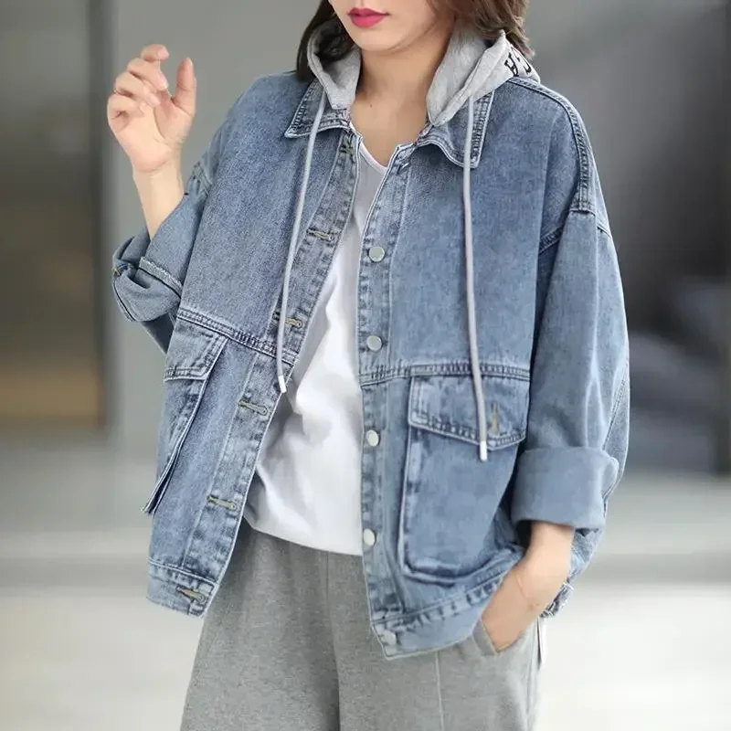 Korean Denim Jackets Women Spring New Casual Loose Slimming Oversize Hooded Vintage Jeans Coats Female Solid Jean Jacket Woman