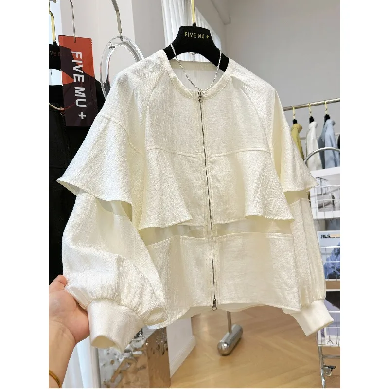 The New Spring Collection Features Unique Design Sense Short Korean-style Round-neck Ruffled Patchwork Jacket Thin Women Jacket