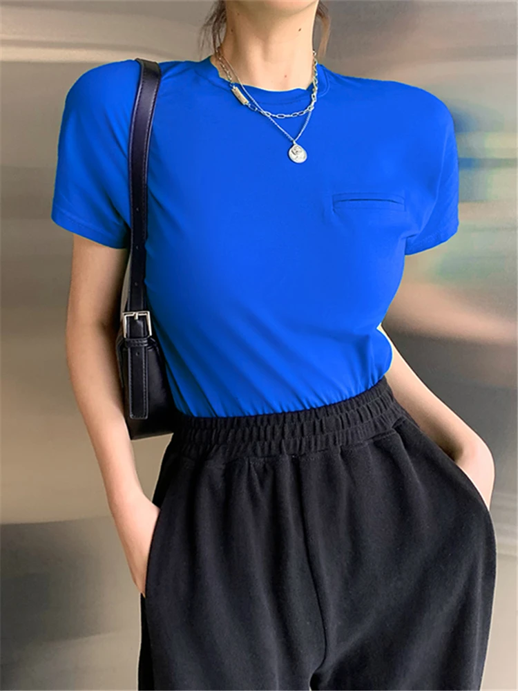 Summer Blue Slim Women's T-Shirts 2022 New Short Sleeve O-Neck Minimalism Bottoming Fashion Casual Shirts Chic Tops Female