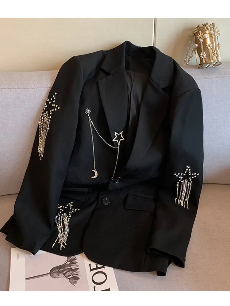 2024 Autumn Black Casual Fashion  Elegant Women\'s Blazer Double-breasted Chain Star Sequins Coat Gothic Jacket Streetwear Y2k