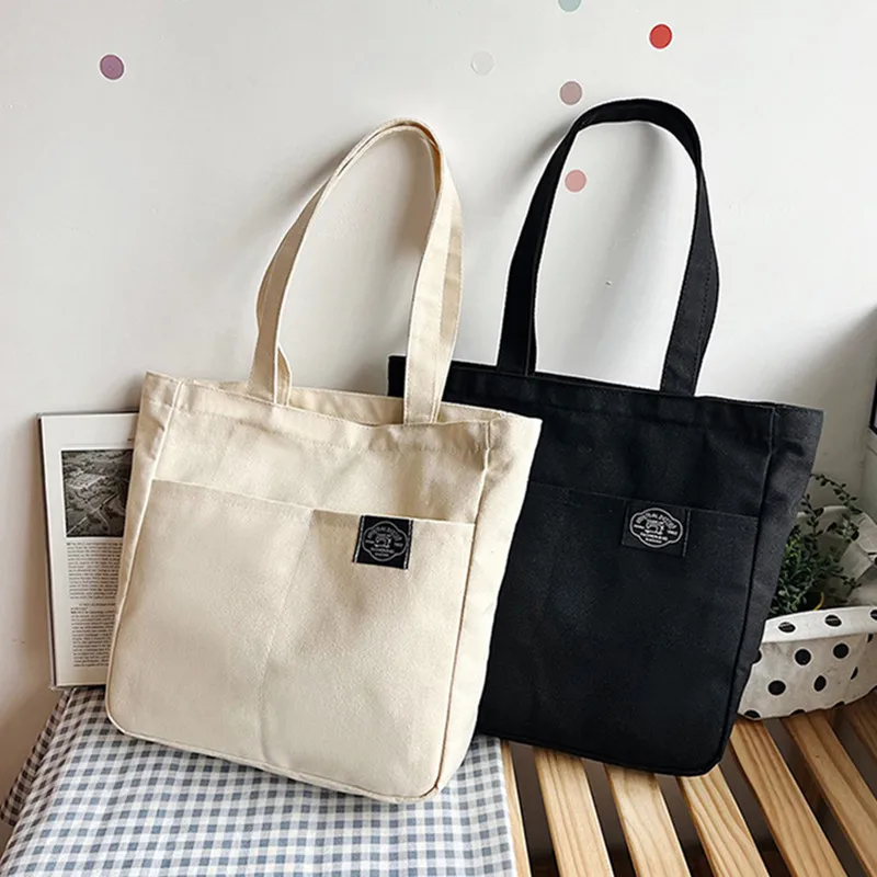 Women Canvas Tote Bag Solid Color Designer Ladies Casual Handbag Shoulder Bag Large Capacity Cotton Reusable Shopping Beach Bag