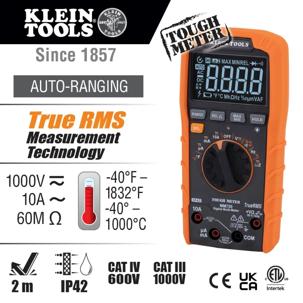 Klein Tools MM720 Digital Multimeter Auto-Ranging TRMS Low Impedance (LOZ) 1000V AC/DC Voltage 10A AC/DC Current 60 MOhms