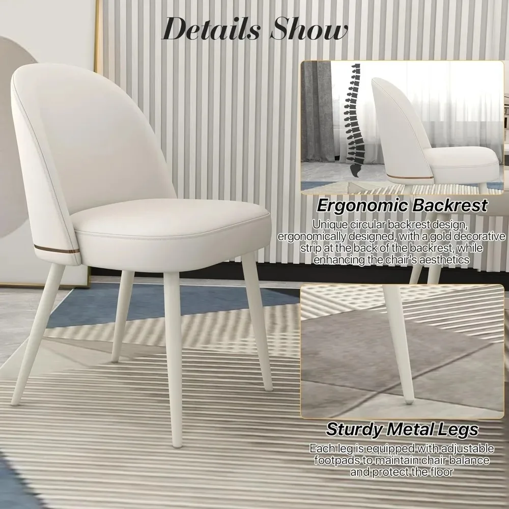 Set di 2 sedie da pranzo moderne in pelle PU, sedie da cucina imbottite, sedie laterali senza braccioli con schienale curvo e metallo bianco Le