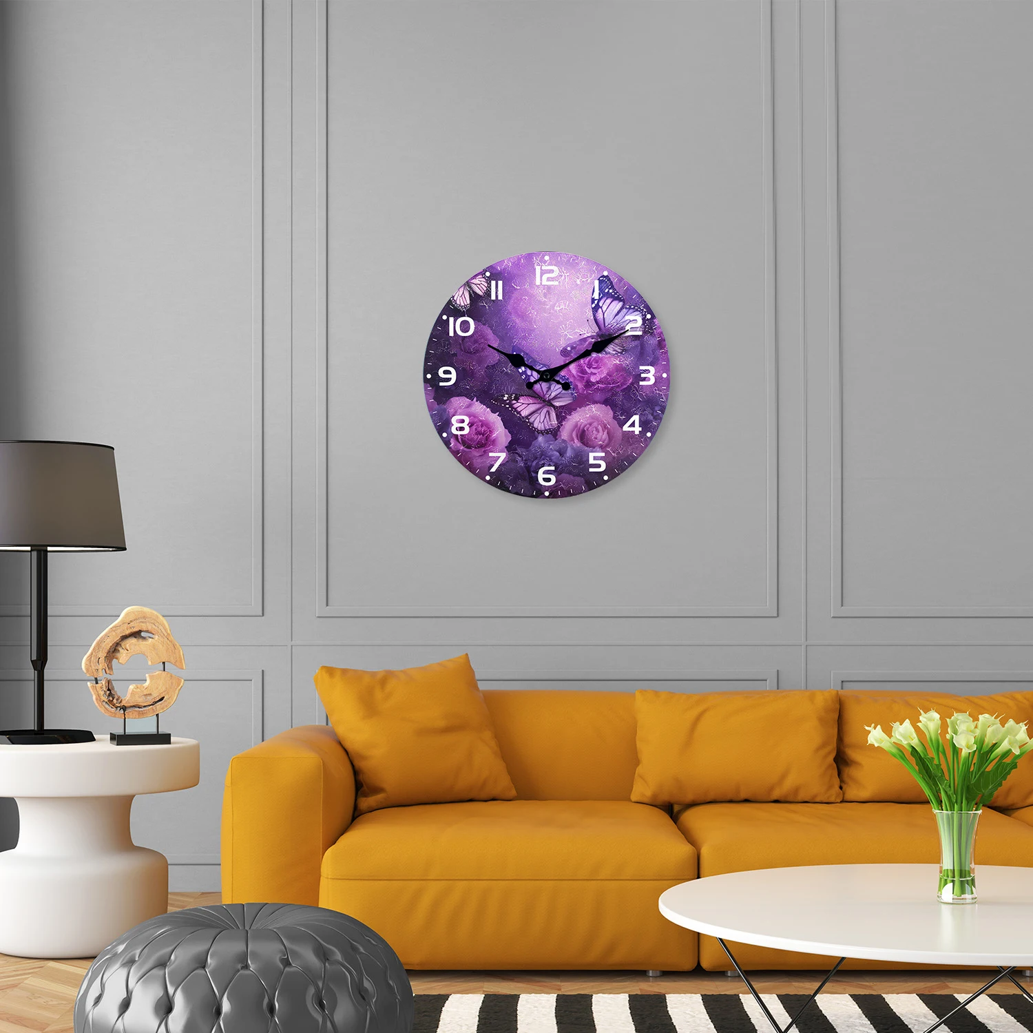 Personalized Purple Flower and Butterfly Pattern Wooden Wall Clock for Living Room, Bedroom, Kitchen, Home Decoration, Silent Quartz Clock, Holiday Gift, 10 Inches, 12 Inches 14inch 16inch (No Battery)