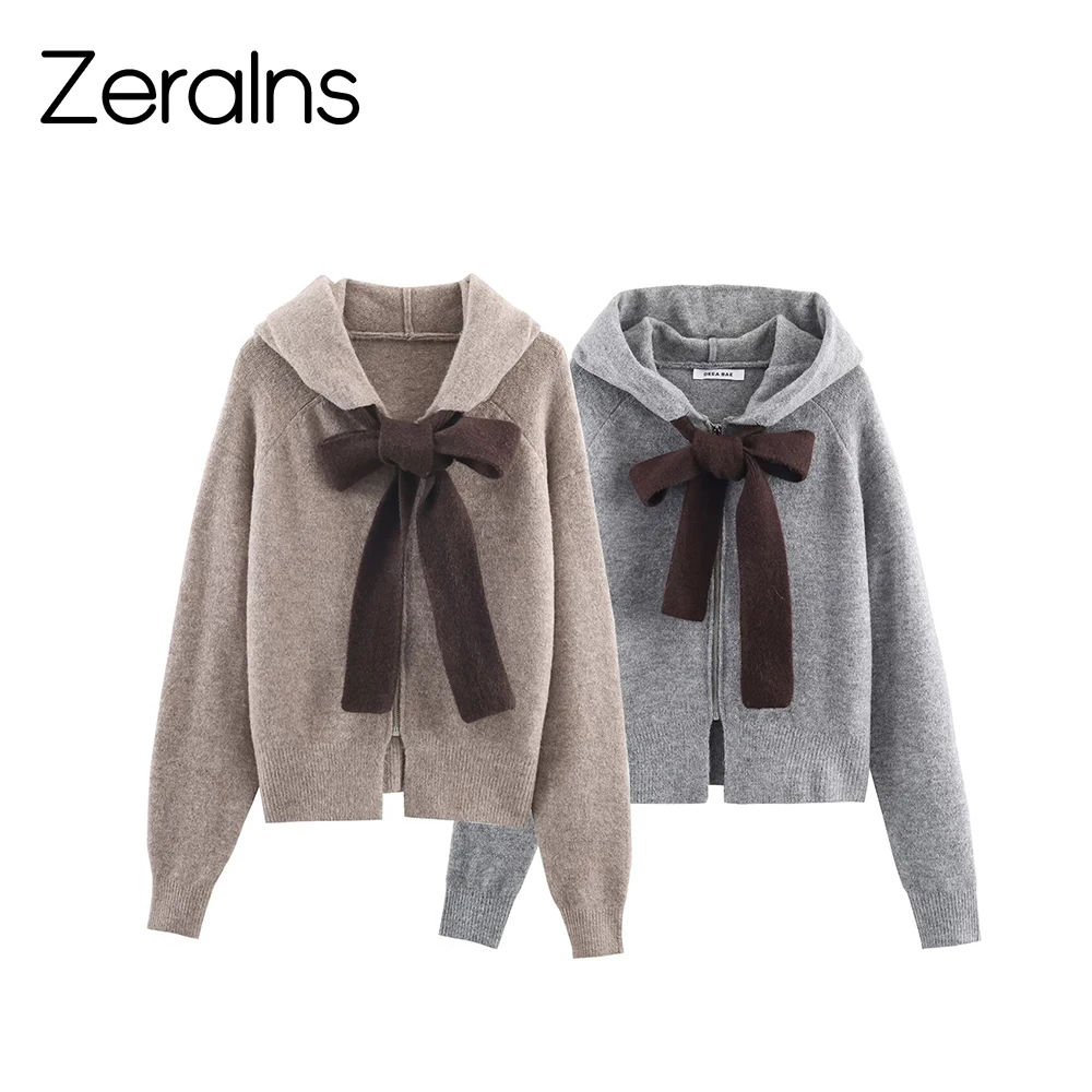 

ZERAINS European and American style winter new women's clothing design sense versatile bow knit hooded jacket