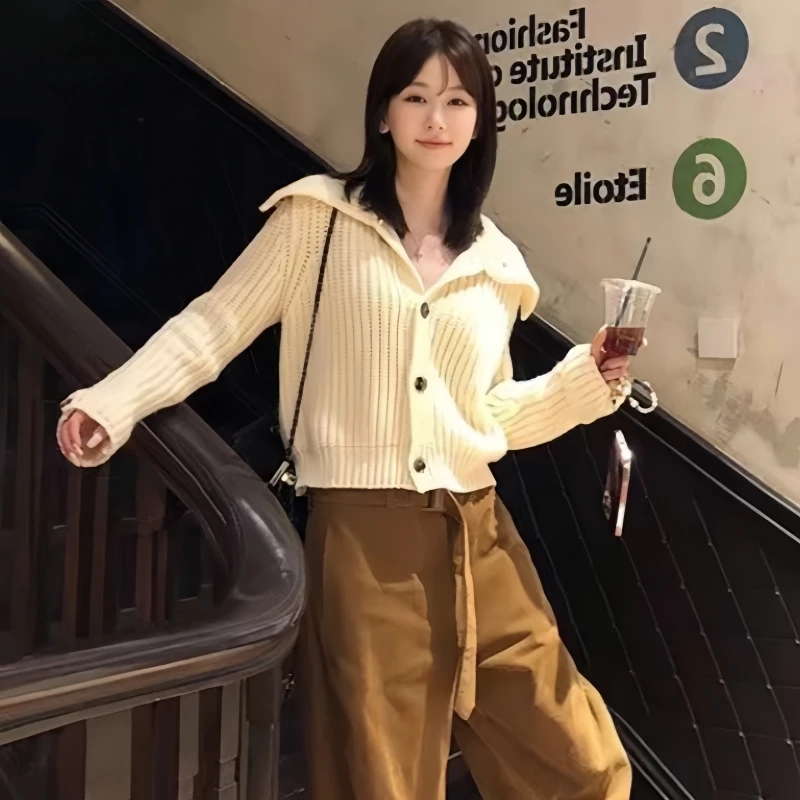 Maglione lavorato a maglia Cardigan da donna Nuova manica lunga Colletto rovesciato Maglione lavorato a maglia nero Cardigan Donna Top Sueters De Mujer Q1593