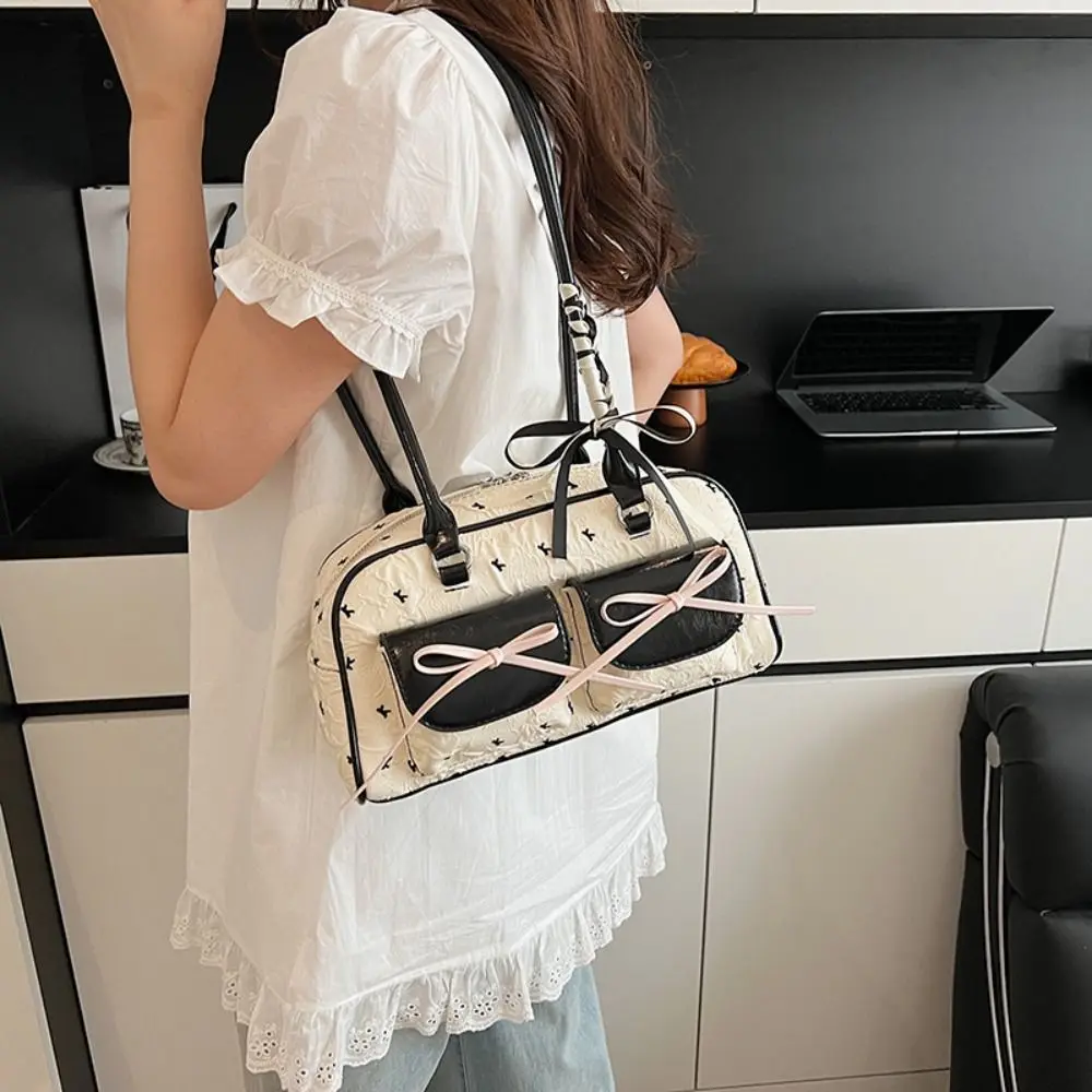 

Elegant Korean Style Bow Ribbon Shoulder Bag Sweet Leisure French Stick Underarm Bag Pocket Commuting Y2k Armpit Bag Girls