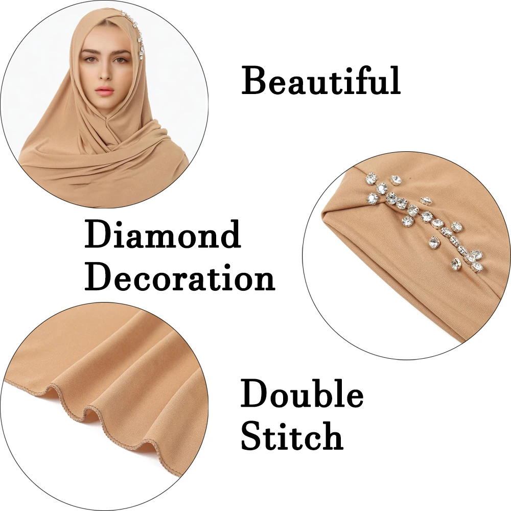 RIMAIRE Knitted Muslim Pure Color Hijab with Diamond Decoration 170*70cm Big Size Hijabs for Women Elastic and Comfortable Scarf