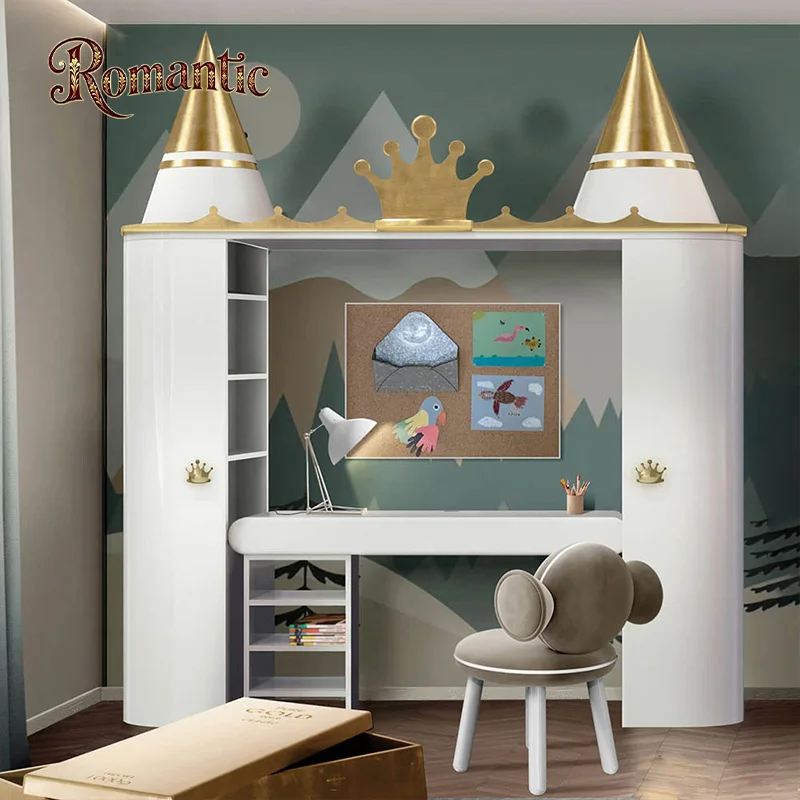 Modern French Fashion Children's Room Eco-Friendly Durable Wood Cabinet Bookcase Desk Set White Gold High Gloss