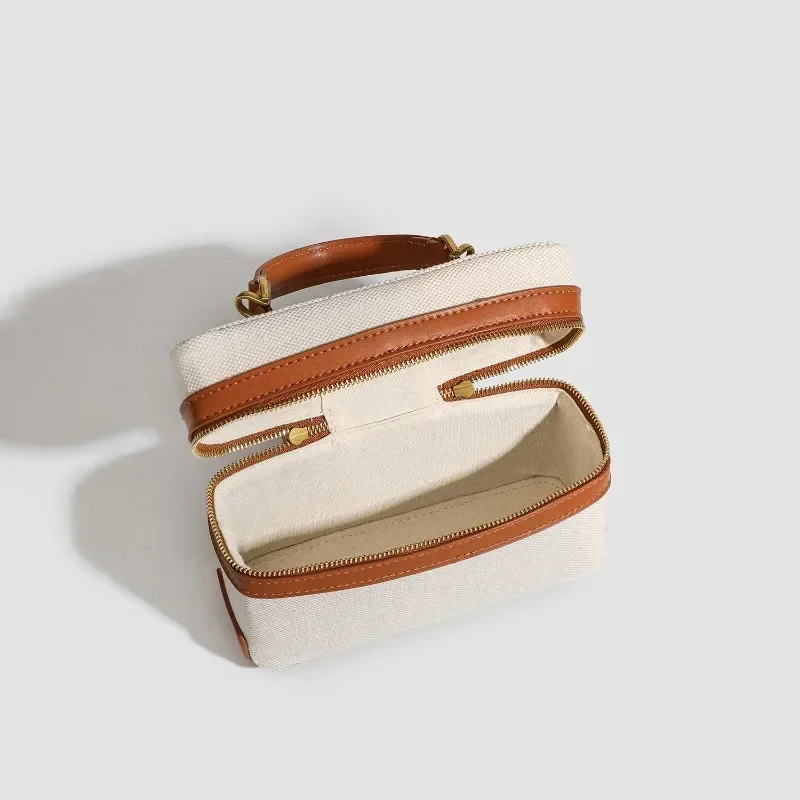 Trend Design Women\'s Small Square Box Bag 2024 Fashion Canvas Patchwork Leather Double Zipper Crossbody Single Bag High Quality