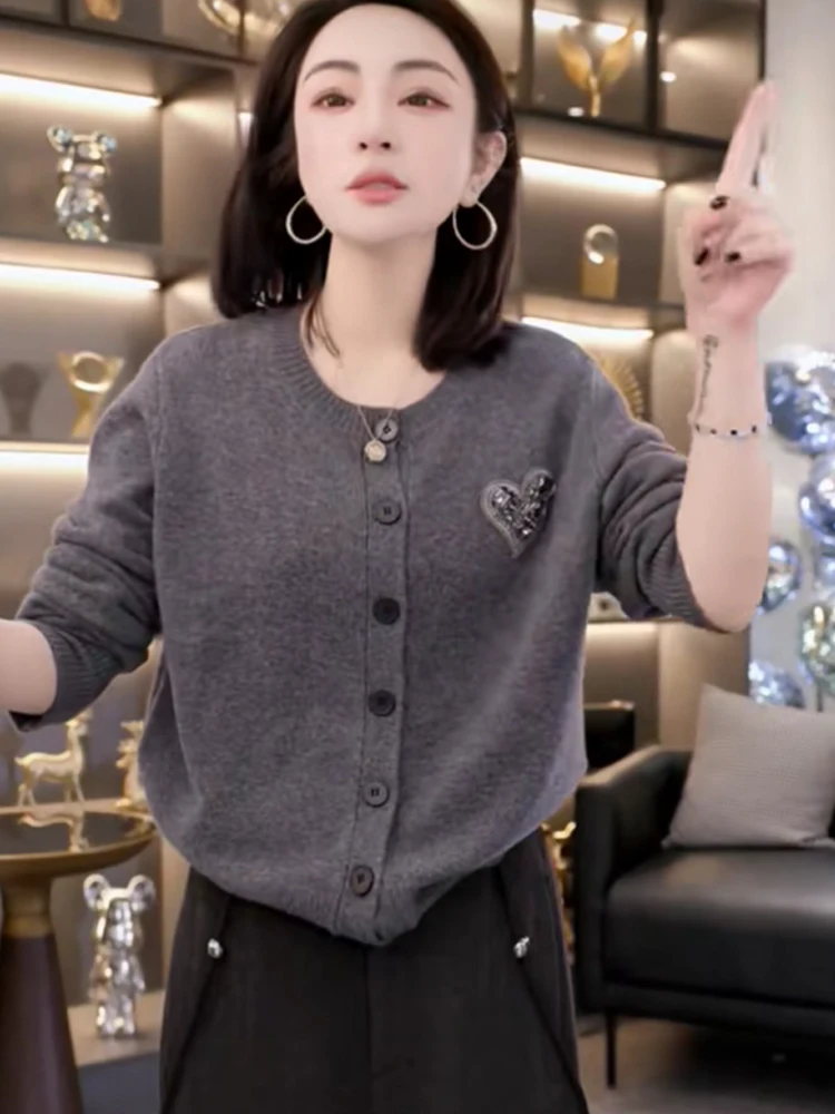 

Ele Heavy-Embroidered Diamond Camere Knitted Open Cardigan Faionable Commute Versatile Long Sve Women's Top