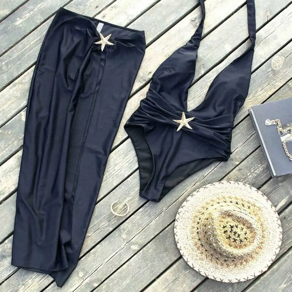 

Комплект из 2 предметов: модный летний купальник с открытой спиной, повседневный пляжный костюм из полиэстера, пляжное платье с V-образным вырезом для отпуска