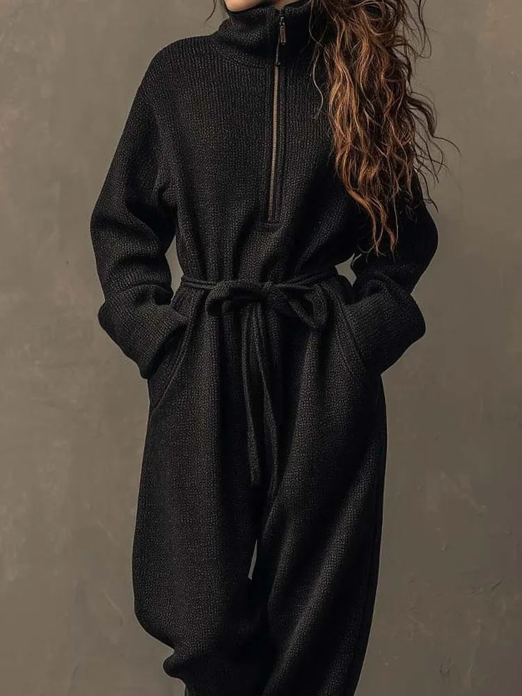 Elegancki kombinezon damski z wysokim stanem i stójką, luźny, jednolity kolor, na jesień i zimę, casualowy, z długim rękawem i kieszeniami.