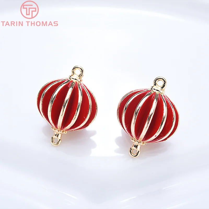 (1193) 4PCS 8MM 10MM 24K Gold Color Plated Brass China red Double hole lantern Charms Pendants High Quality  Jewelry Accessories