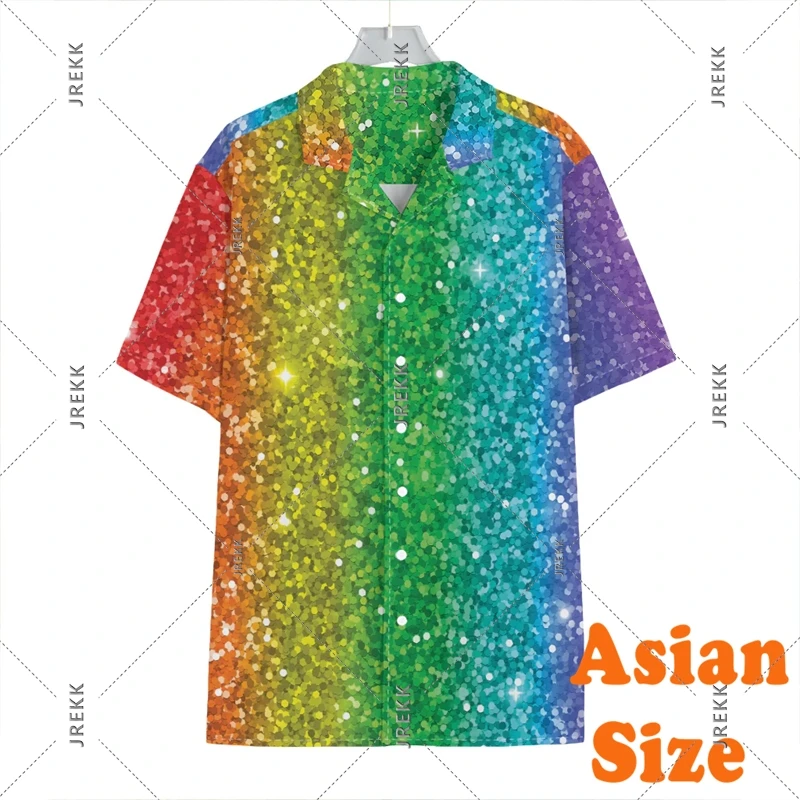 Sequins Glitter Print Hawaii Shirt Men\'s Clothing 3D Pattern Short Sleeve Button Shiny Shirts Summer Fashion Trend Party Blouse