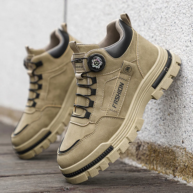 Men's Rotary Buckle Suede Hiking Boots, Non-Slip Thick Sole High Top Work Shoes Outdoor Trekking Casual Sneakers Khaki Gray