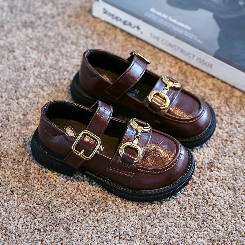 2024 Spring Autumn Kids Girls Leather Shoes Korean Style Little Girl Princess Shoes Anti Slip Thick Soled Casual Single Shoes