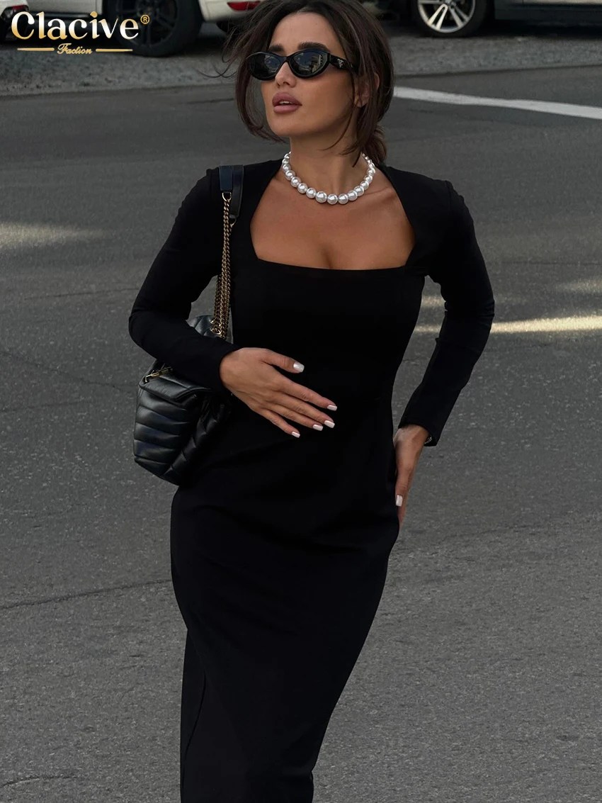 คลาซีฟชุดเดรสสีดำเซ็กซี่สำหรับผู้หญิงบอดี้คอนคอเหลี่ยมแขนยาวมิดิเดรสคลาสสิกหรูหราเอวสูงชุดเดรสหญิง