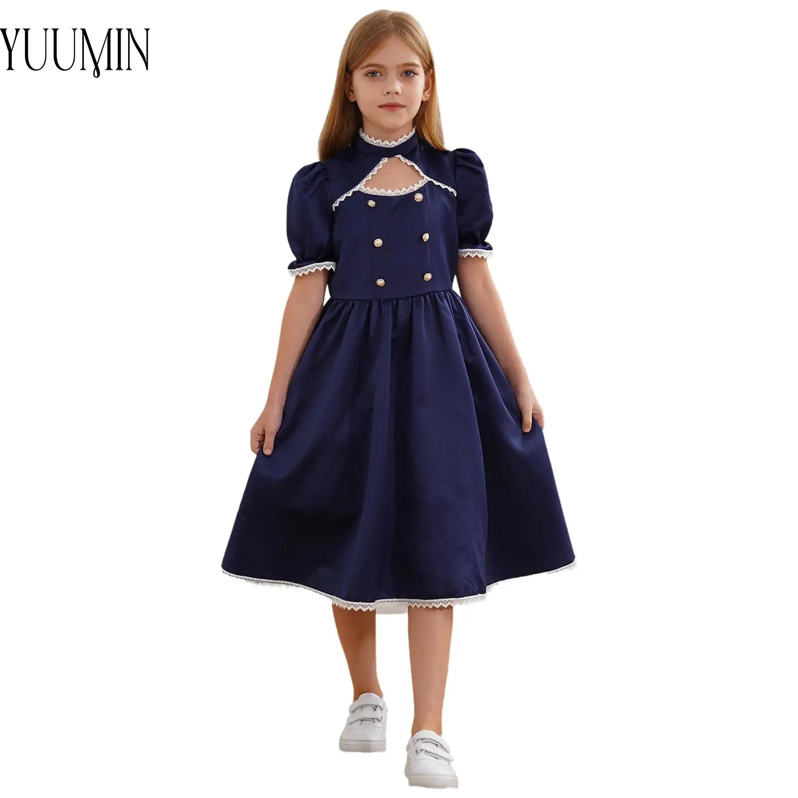 

Kids Girls Vintage Elegant Princess Party Dress for Dance Performance Stage Mock Neck Puff Sleeve Cutout Front Lace Trim Dress