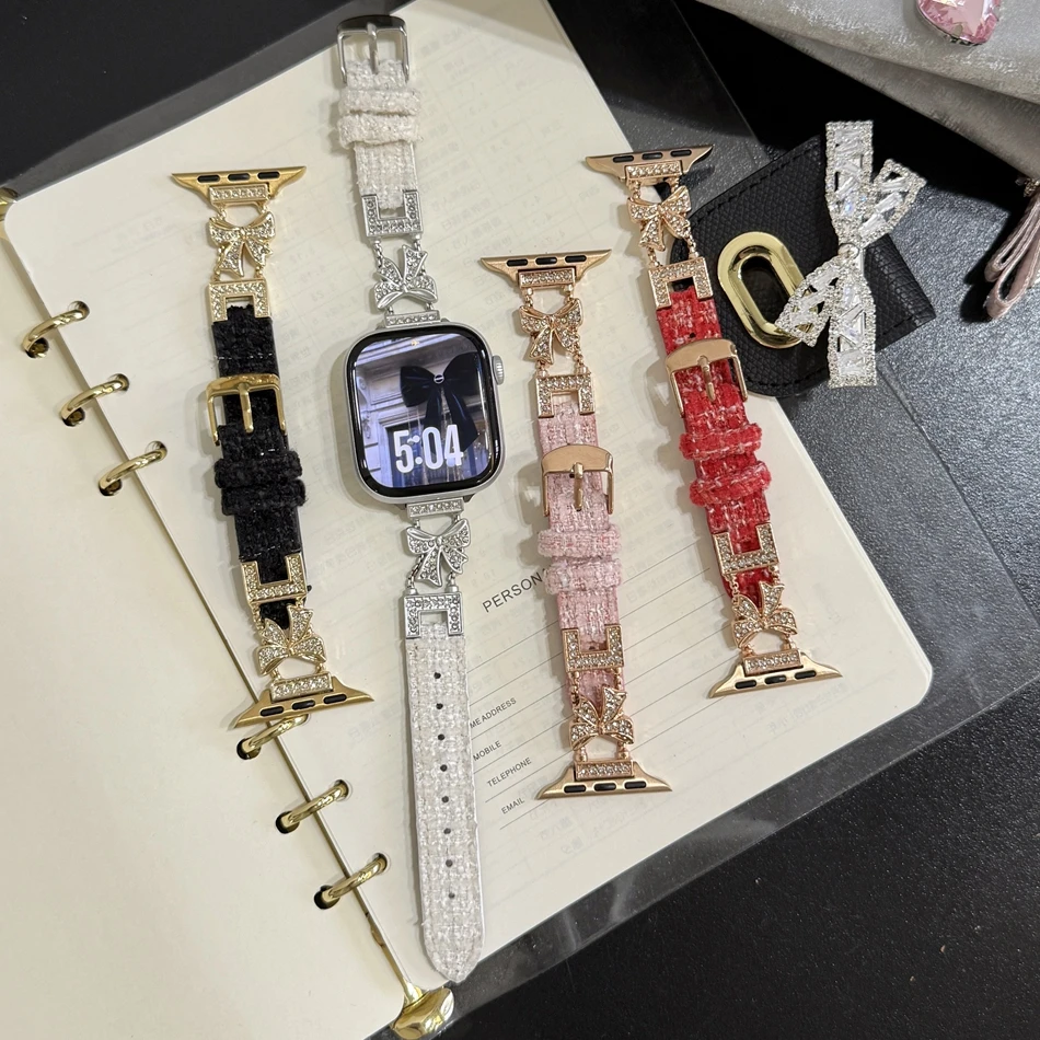 

Bowknot Diamond Splicing PU Leather Bracelet For Apple Watch Band S11/10/9/8/7/6/5/Ultra iWatch Strap 49/46/45/44/42/41/40/38mm