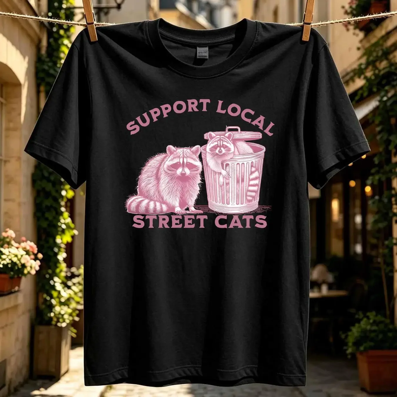 washed T Shirt Support Your Local Street Cats Vintage Raccoon Skunk Possum SofT vintage Washed Versatile Unisex Breathable