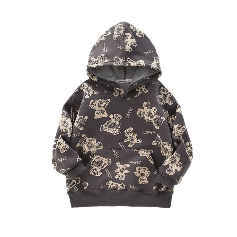 Sudadera de terciopelo con estampado de oso para niños, medianos y grandes Sudadera con capucha para niños, otoño e invierno, 2024