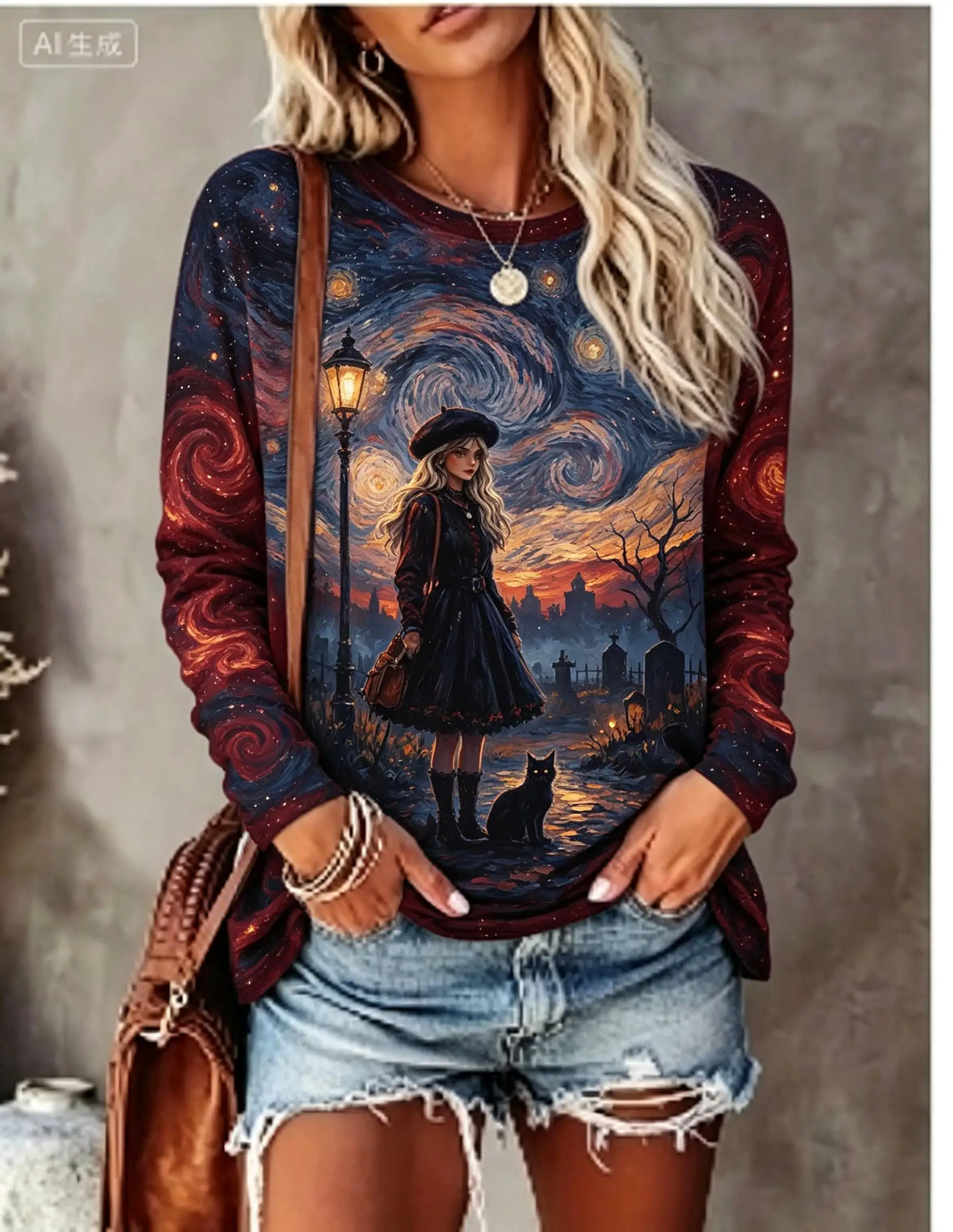 Women Long Sleeve T‑Shirt Starry Night Van Gogh Style Girl Cat Oil Painting Print Crew Neck Casual Tops