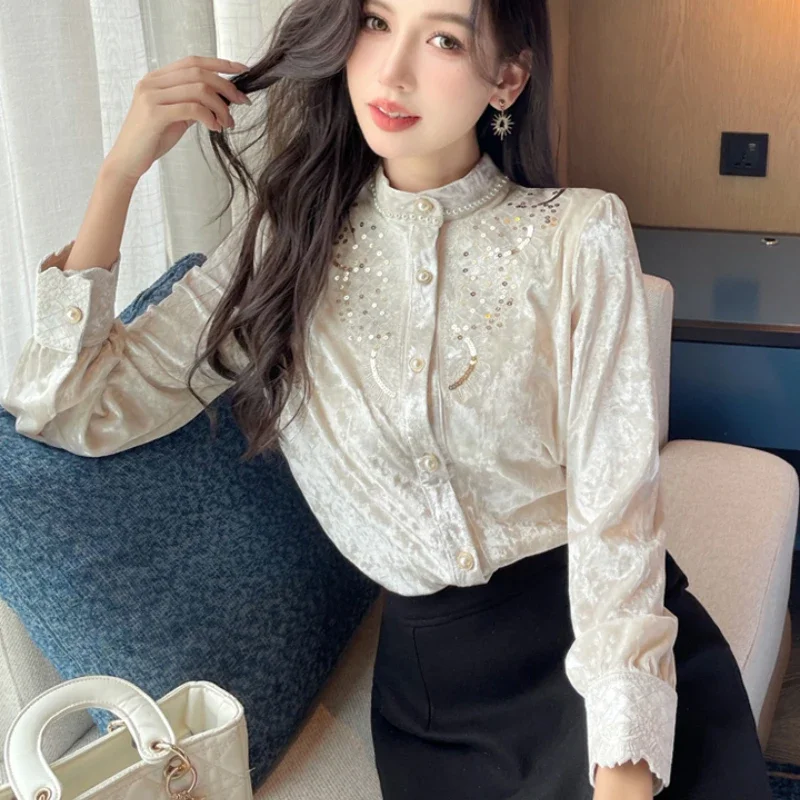 Elegant Long Sleeve Shirts for Women Autumn Winter Women Clothing Slimming Embroidered Stand Ladies Tops OL Luxury Blouse Women