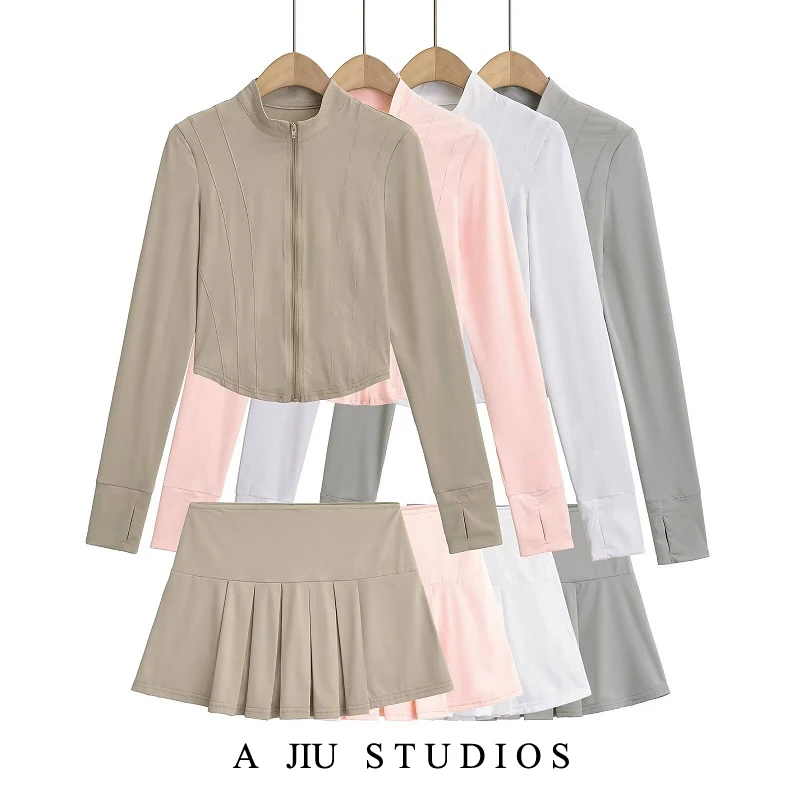 

Женский комплект повседневной спортивной одежды Fitn, удобная верхняя одежда с защитой от солнца Long Sve, плиссированная юбка для йоги с высокой талией