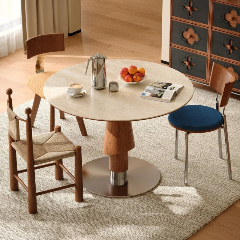 

Medieval solid wood travertine rock slab dining table light luxury household small apartment 6 people round dining table