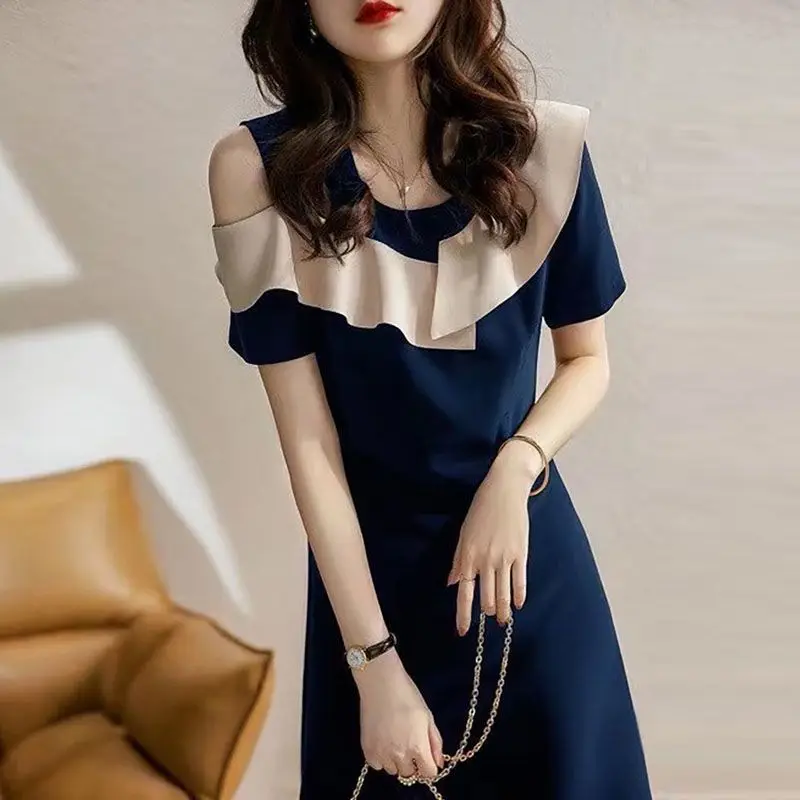 Fashion Off Shoulder Midi Dress Elegant Ruffles Spliced Summer Asymmetrical Women\'s Clothing A-Line Basic Solid Color Dresses