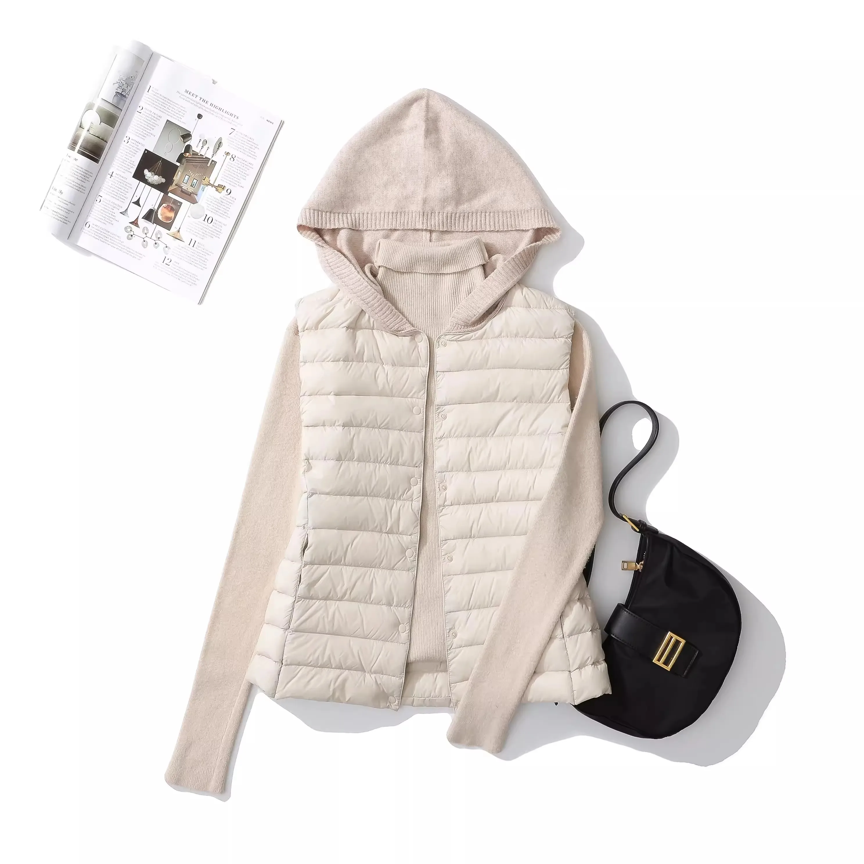 Winter Women Knitted Patchwork Hooded Waistcoat Jacket Light Thin White Duck Down Vest Coat Female Sleeveless Short Warm Tank