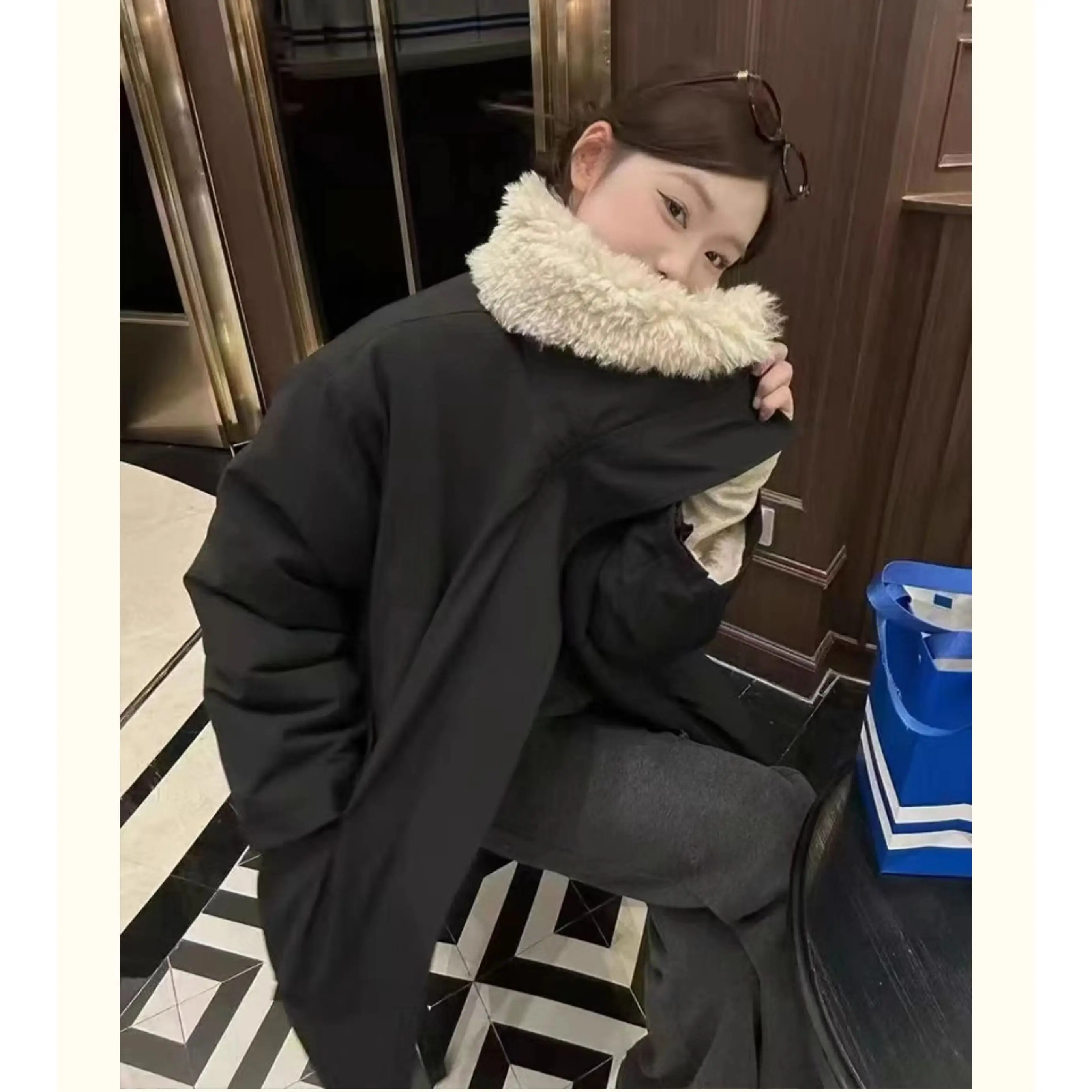 

Parkas Womens Extra Long Winter Cashmere Downfilled Color-Blocking Thickened Bandage Snap-Button Standneck Wadded Full-Zip Solid