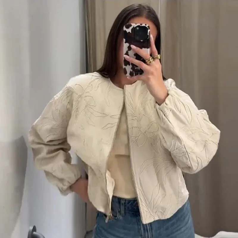 YENKYE 2025 Women O Neck Long Sleeve Embroidery Jacket Front Zipper Loose Crop Outerwear Lady Commuting Casual Outfits