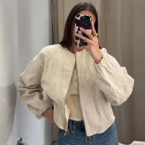 YENKYE 2025, chaqueta bordada de manga larga con cuello redondo para mujer, cremallera frontal, cazadora holgada, prendas de vestir exteriores para mujer, trajes informales para ir al trabajo