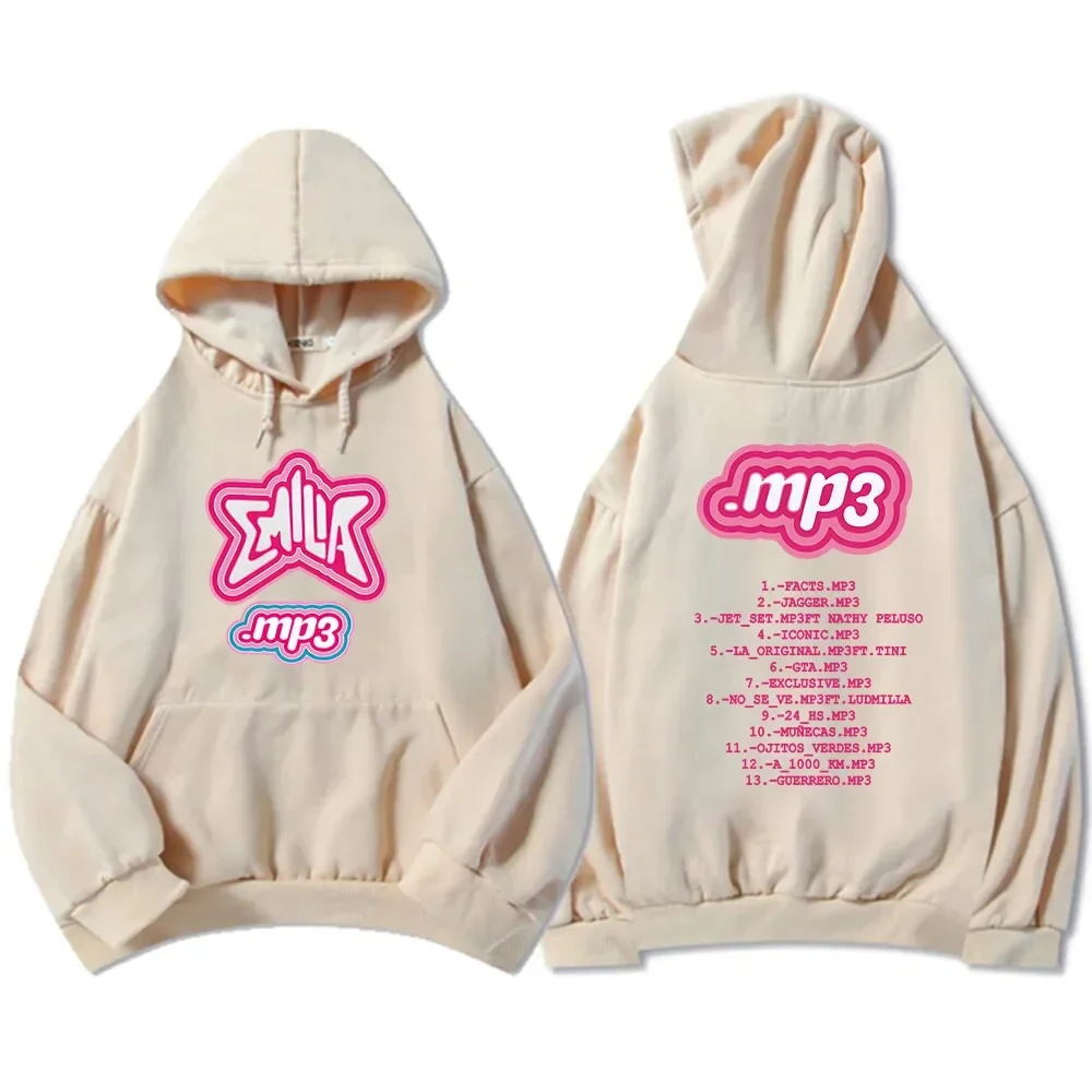 Mp3エミリアメルネス女性用パーカー、ユニセックスソフトピンクスウェットシャツ、カジュアル長袖、グラフィック印刷、冬