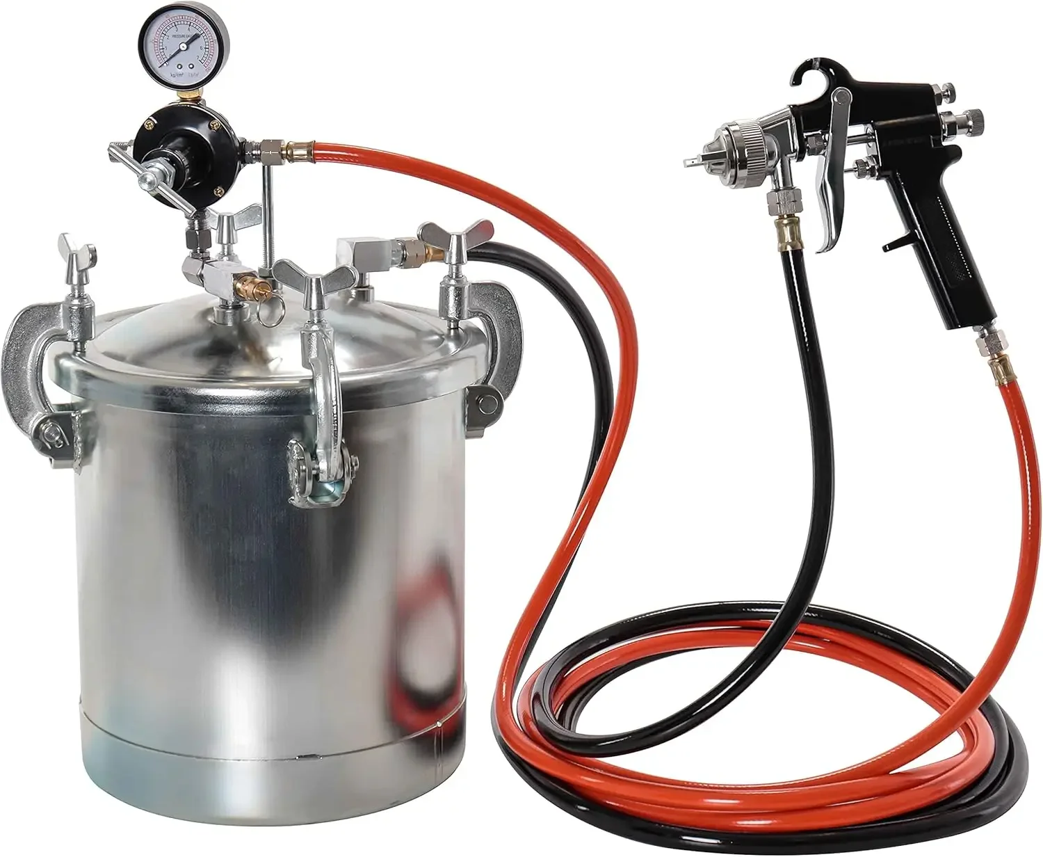 Global 2-1/2 Gallon - (10 Liter) Pressure Pot Paint Tank: Heavy Duty Solid Steel, Clamp on Lid, Regulator & Pressure Gauge,