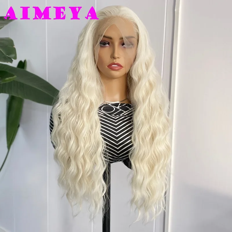 AIMEYA-Perruque Lace Front Wig synthétique blonde platine pour femme, perruques longues ondulées, délié naturel, fibre de degré de chaleur, 03 utilisation