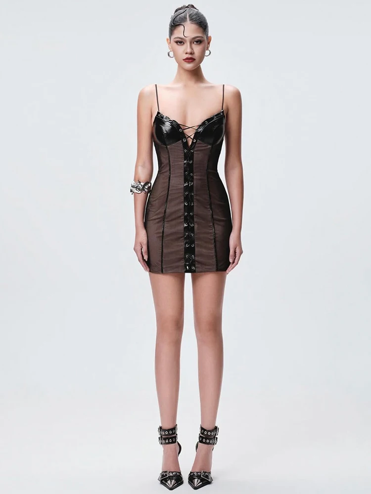 Estranho gato sexy malha retalhos vestido do plutônio feminino shirring dupla camada de metal oco sem mangas meia-noite festa clube estiramento bodycon