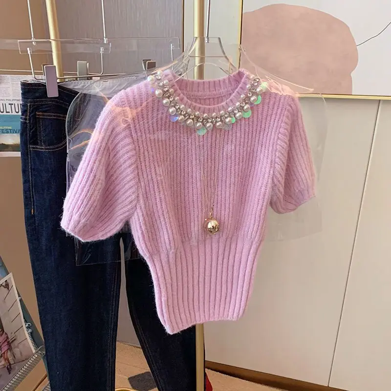 

Новый весенний корейский яркий корсет с украшением в виде бриллиантов, вязаный свитер, женские универсальные эластичные топы с круглым вырезом и короткими рукавами