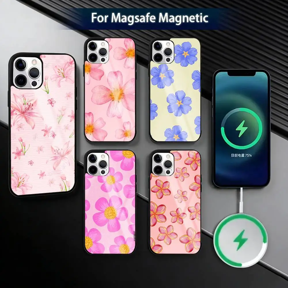 

Flower P-Pattern Phone Case For iPhone17,16,15,14,13,12,11 Plus,Pro Magnetic For Magsafe Wireless Charging
