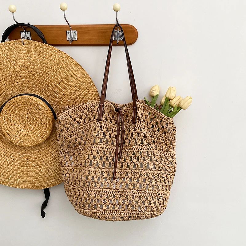 

Solid Color Hollow Out Shoulder Bags Fabric Large Capacity 2025 Hot Sale Bags for Women Summer Beach Vacation Women's Handbags