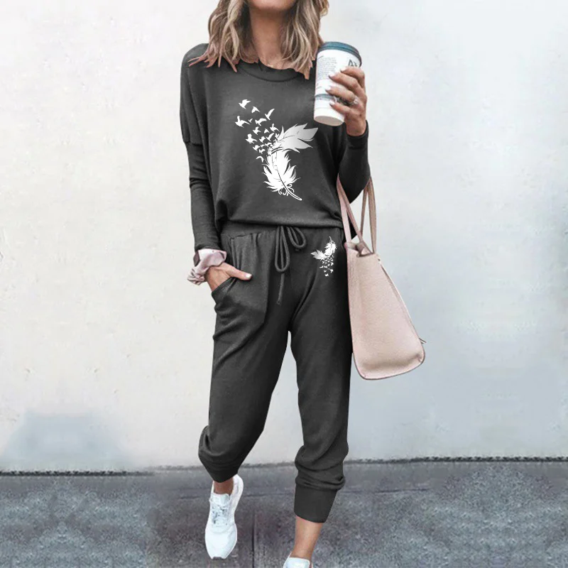 Elegant High Street Autumn Women\'s Set, 2024 New Casual Solid Color Printed Long Sleeve Pullover+Pants Two-piece Set
