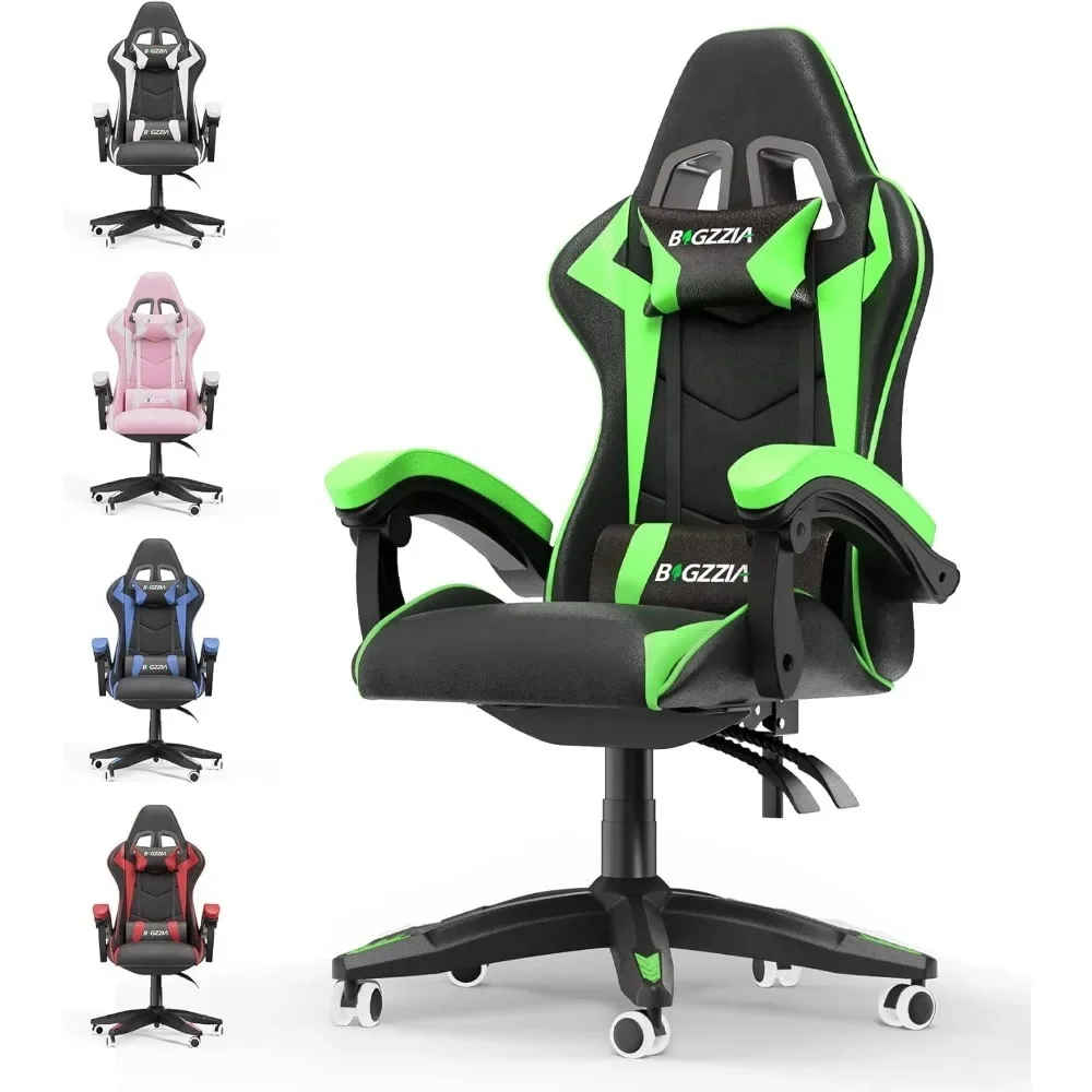 

Gaming Racing Chair with Headrest and Lumbar Support, Adjustable Swivel Rolling for Office, Reclining High Back PU Leather Video